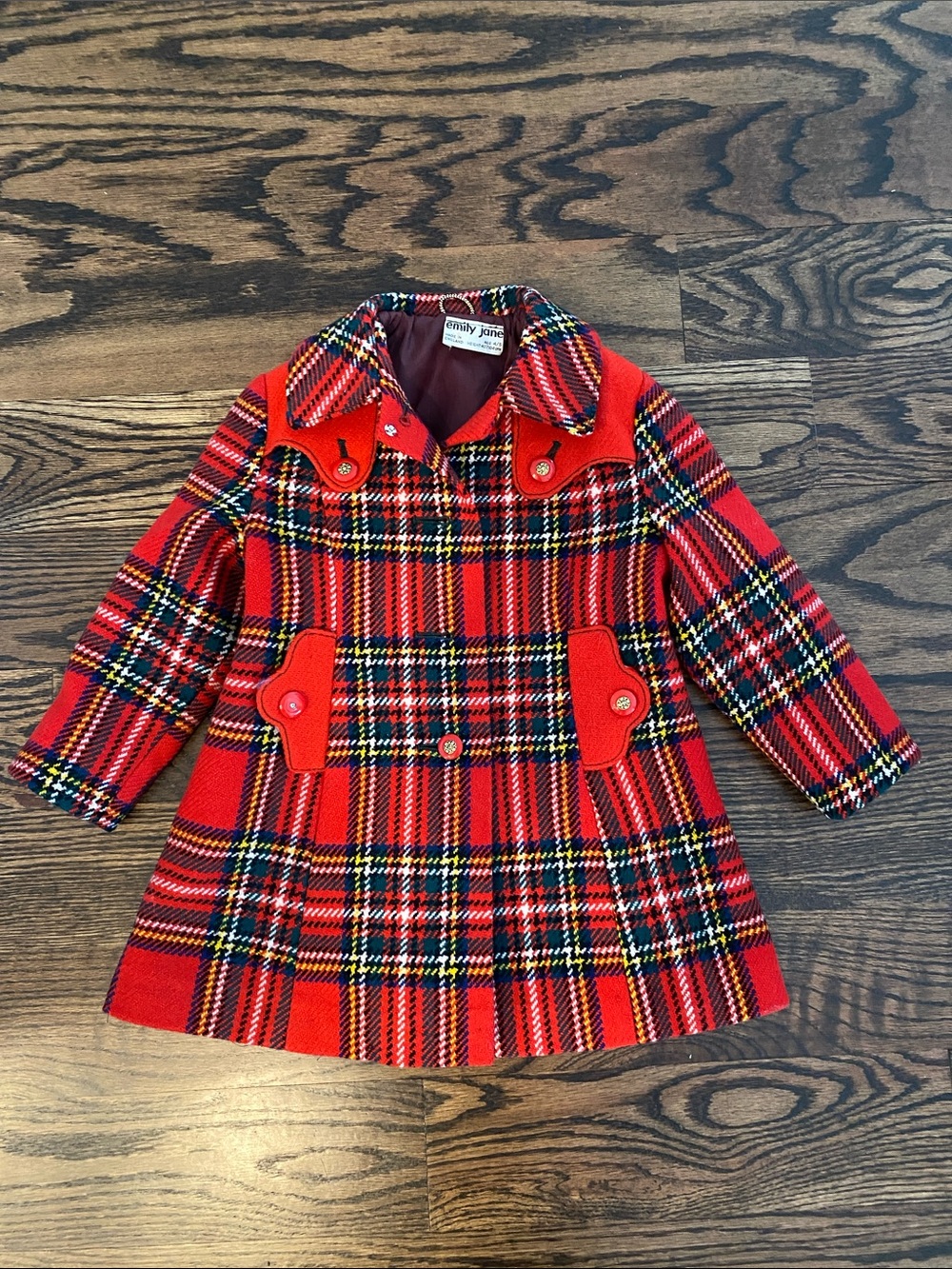 Vintage Red Plaid Girls' Pea Coat Made in England